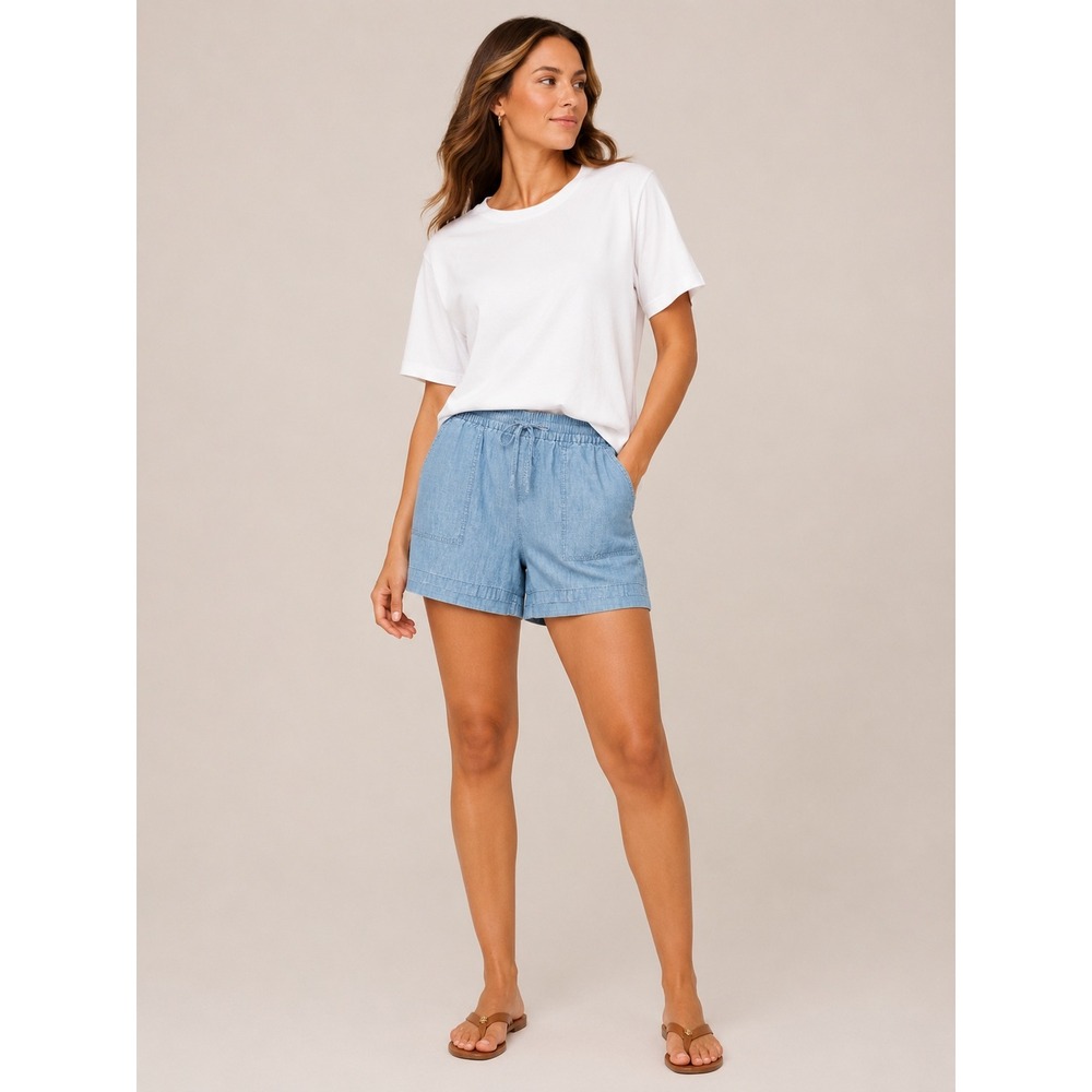 J.Crew Womens Chambray Shorts Medium Blue Elastic Waist Drawstring Summer Casual - Picture 1 of 7